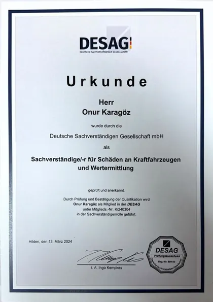 DESAG Urkunde: Sachverständiger für Schäden an Kraftfahrzeugen und Wertermittlung