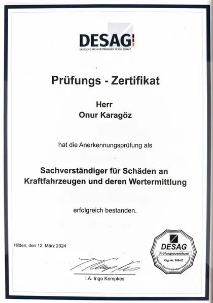 DESAG Prüfungs-Zertifikat: Anerkennungsprüfung als Sachverständiger für Schäden an Kraftfahrzeugen und deren Wertermittlung bestanden