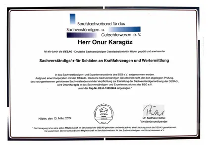 Eintrag in die Sachverständigenrolle des Berufsfachverbands BSG e. V.